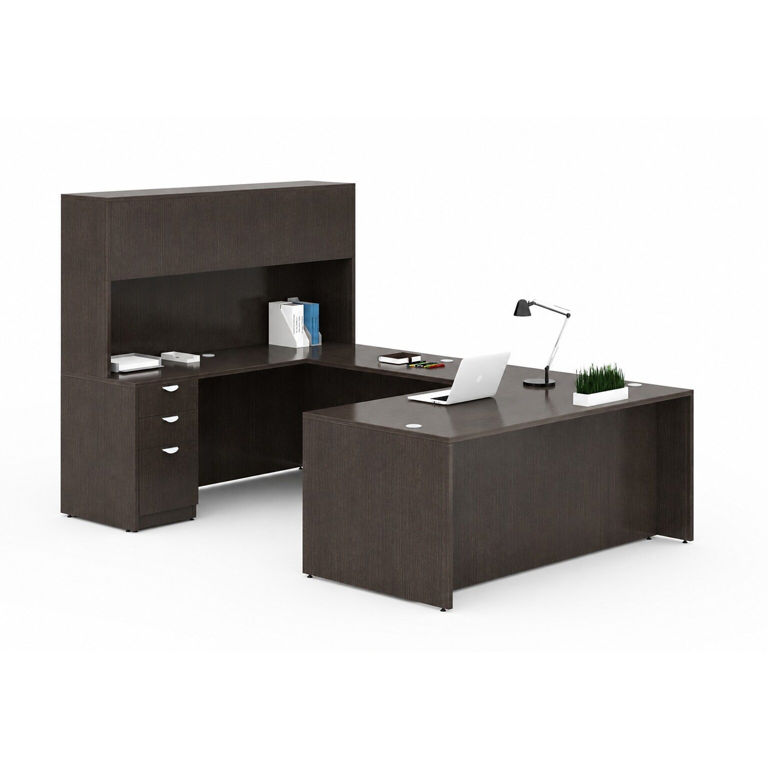 Boss Office Products 71 U-Shaped Desk with File Pedestal and Hutch, Mocha (GROUPA5-MOC)