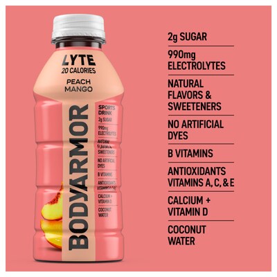 BodyArmor LYTE Peach Mango Sports Drink, 16 oz. Bottles, 12/Pack (100012-1.2)