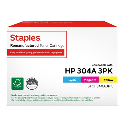 Staples Remanufactured C/M/Y Color Toner Replace HP 304A/Canon 118 (TRCF340A3PK/STCF340A3PK), 3/Pack