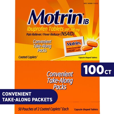 Motrin IB Ibuprofen Tablets, 200 mg, 2 Tablets/Packet, 50 Packets/Box (447419)