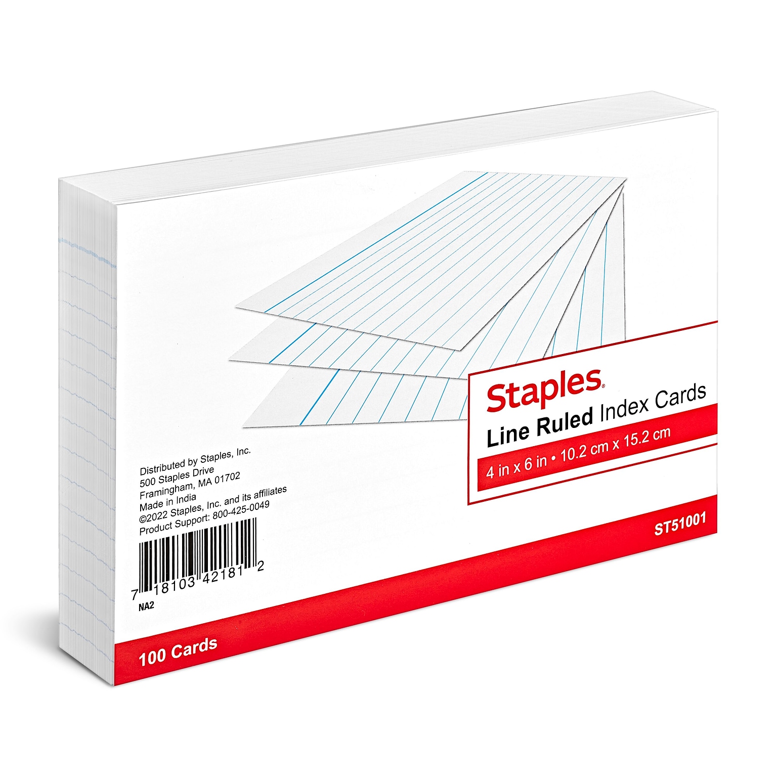 Staples 4 x 6 Index Cards, Lined, White, 100/Pack (TR51001)