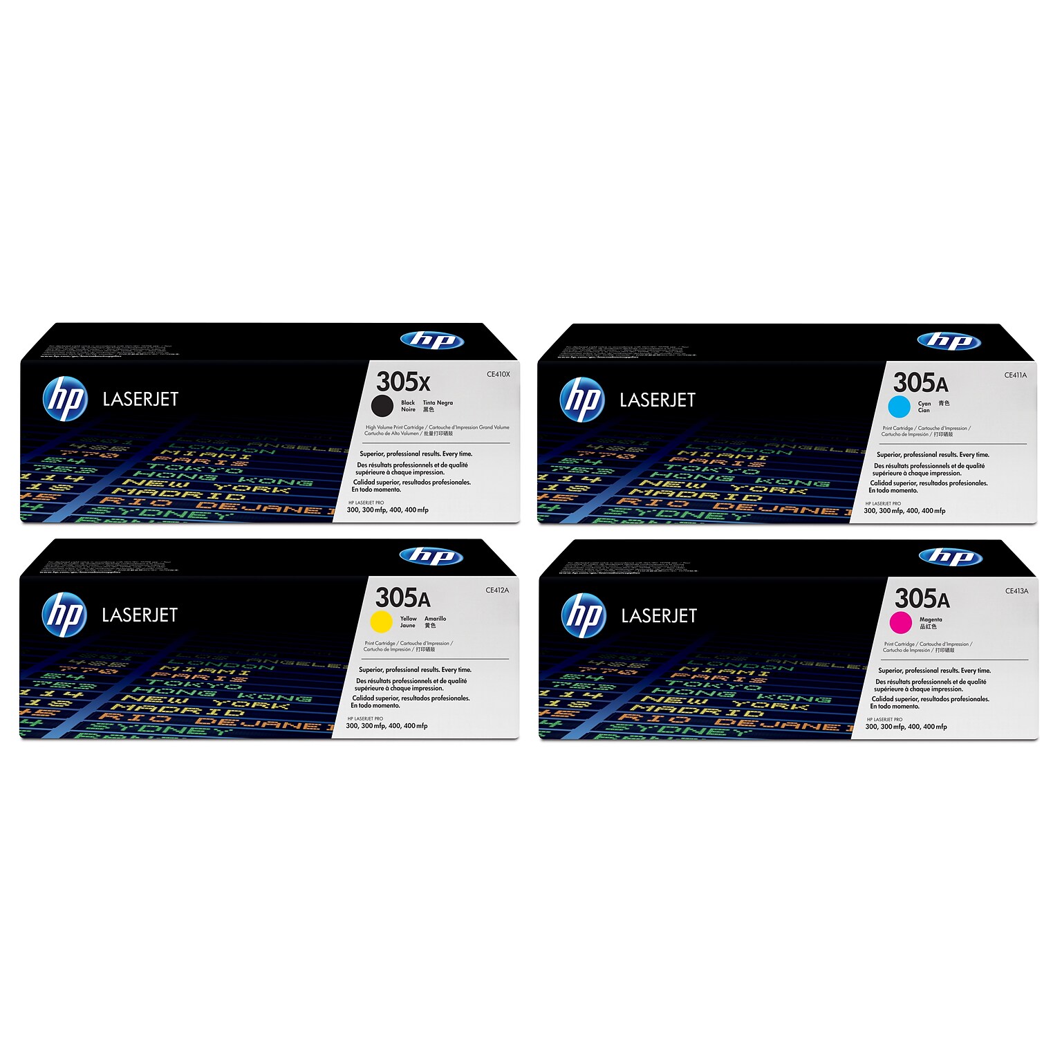 HP 305 Black High Yield and Cyan/Magenta/Yellow Standard Yield Toner Cartridge Set, 4/Pack