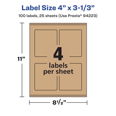 Avery Laser/Inkjet Rectangle Multipurpose Labels, 4" x 3-1/3", Kraft Brown, 100 Labels/Pack ( 94223)