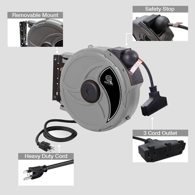 Hose Reel Pro 30 ft. Extension Cord Reel, 3-Outlet, 12 AWG, Gray (EC-GY-30)
