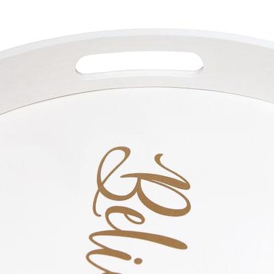 Elegant Designs "Believe" Decorative 13.75" Round Wood Serving Tray w/ Handles, White Wash (HG2013-WBV)