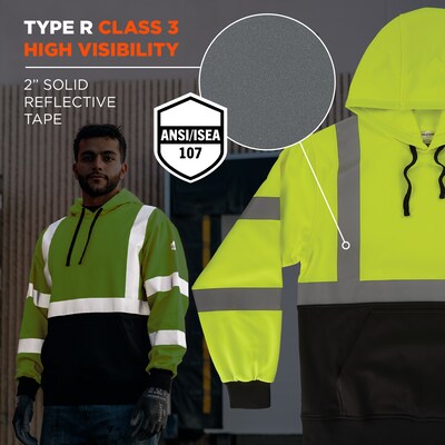 GloWear 8311BK High Visibility Long Sleeve Black Bottom Hooded Sweatshirt, ANSI Type R Class 3, Lime, Medium (22873)