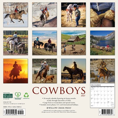 2027 Willow Creek Cowboys 12 x 12 Monthly Wall Calendar, Assorted Colors (59890)