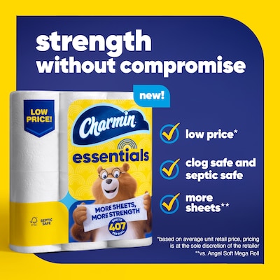 Charmin Essentials Mega Toilet Paper, 1-Ply, White, 407 Sheets/Roll, 9 Rolls/Pack, 4 Packs/Carton (04536)