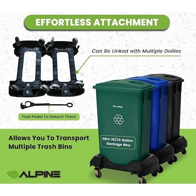 Alpine Industries Polypropylene Trash Can and Dolly, 23 Gallon, Black, 3/Pack (477-BLK-3PKD)