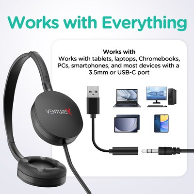 VentureX K22 Stereo Kids Learning Phone & Computer Headphone, 3.5mm & USB-A Adapter, Black, 50/Pack (VHPK22BD2M50)