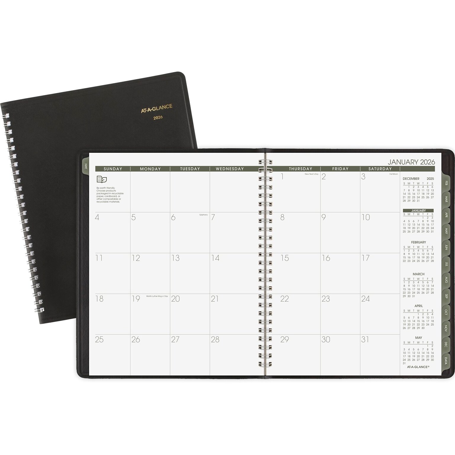 2026 AT-A-GLANCE Recycled 7 x 8.75 Monthly Planner, Faux Leather Cover, Black (70-120G-05-26)