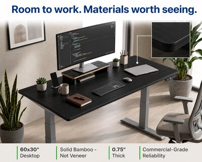 Uncaged Ergonomics Rise Up 60"W Electric Adjustable Bamboo Standing Desk, Black/Gray (RUGBK)