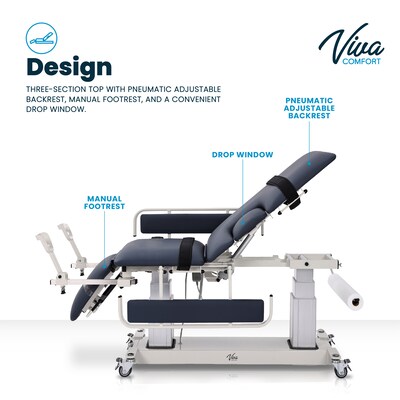 Viva Comfort Electric Height Adjust Imaging Exam Table with Drop Window and Stirrups, 550 lbs Capacity, Blue (ADI903-04-KIT-MK)