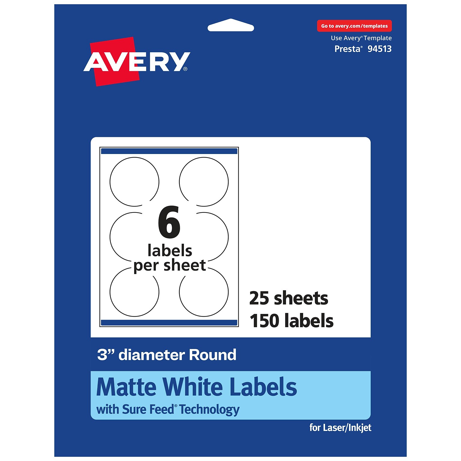 Avery Laser/Inkjet Round Multipurpose Labels, 3 Dia., Matte White, 150 Labels/Pack (94513)
