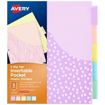 Avery Big Tab Insertable Plastic Dividers with Pocket, 5 Tabs, Multicolor Pastel (07714)