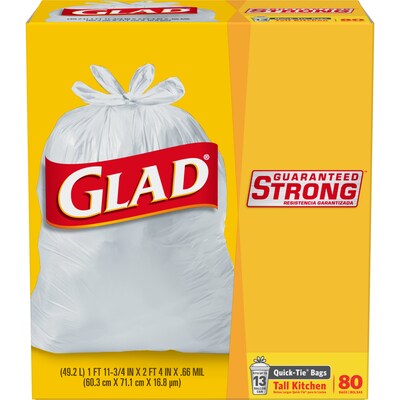 Glad Quick-Tie Tall 13 Gallon Kitchen Trash Bags, 80/Box (60034)