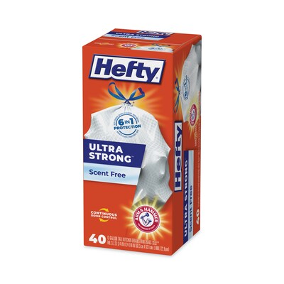 Hefty® Ultra Strong Tall Kitchen and Trash Bags, 13 gal, 0.9 mil, 23.75" x 24.88", White, 40/Box