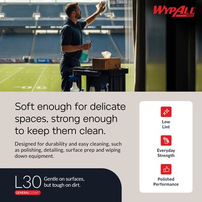 WypAll GeneralClean L30 Durable Fibers Cleaning Wipers, 9.8" x 16.4", White, 100 Wipers/Box, 8/Carton (05800)