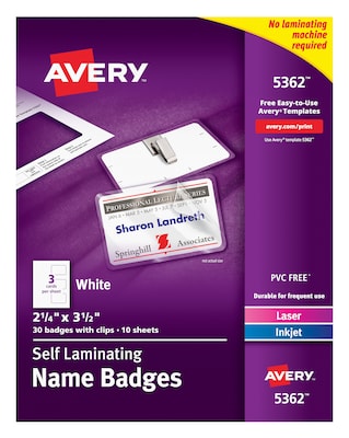 Avery Self-Laminating Clip Style Name Badges, 2 1/4 x 3 1/2, White, 30 Badges Per Box (5362)