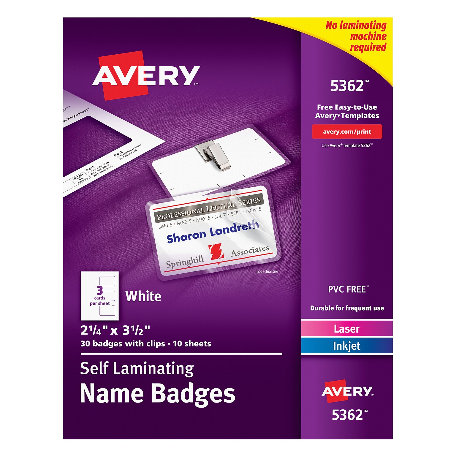 Avery Self-Laminating Clip Style Name Badges, 2 1/4 x 3 1/2, White, 30 Badges Per Box (5362)