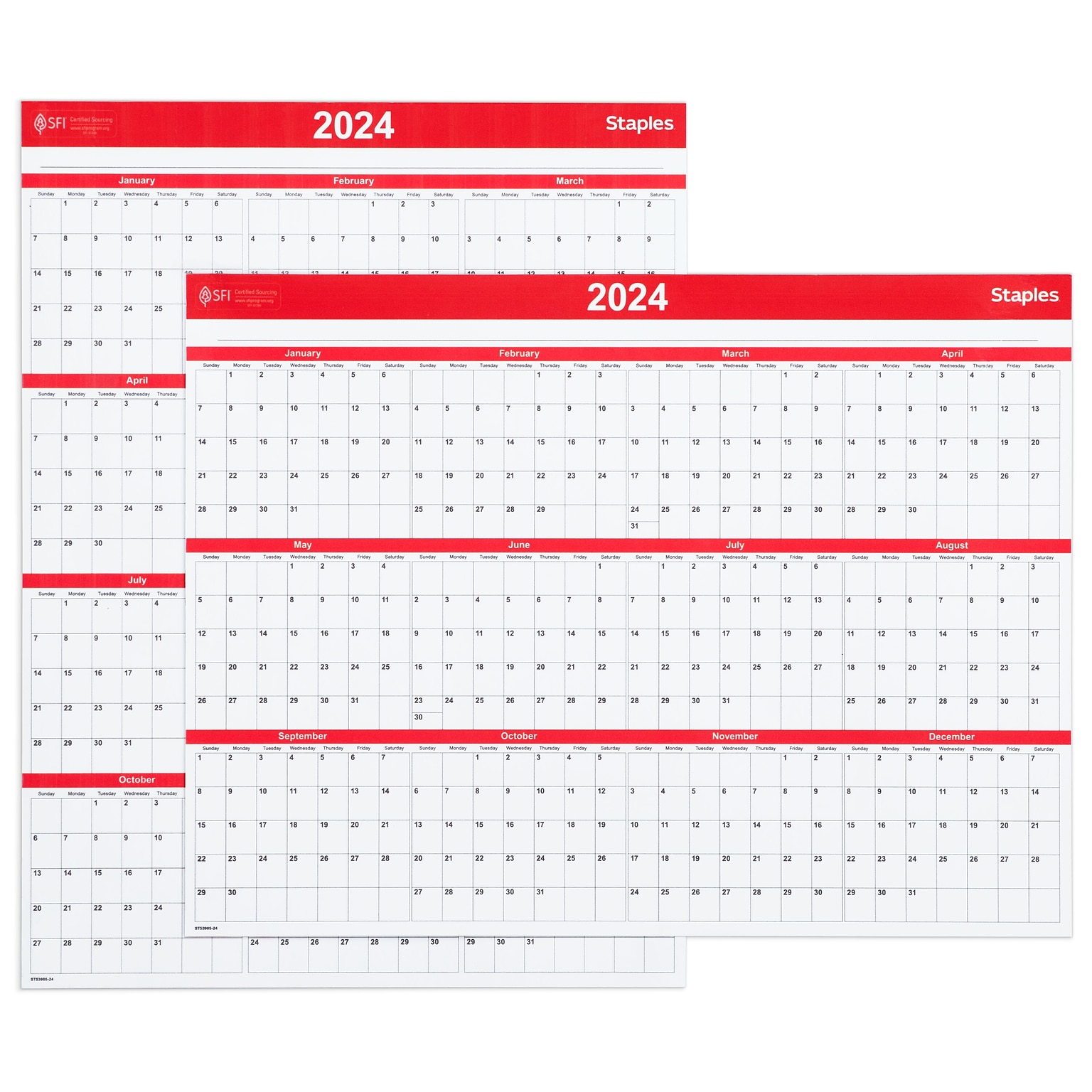 2024 Staples 15.69 x 12 Dry Erase Wall Calendar, Red/White (ST53905-24)