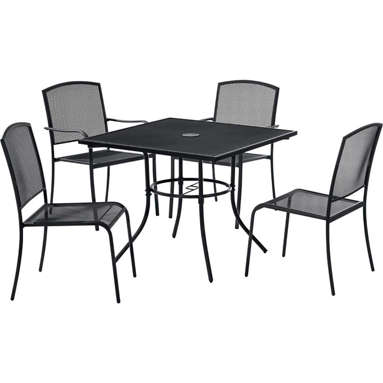 Global Industrial Mesh Cafe Table and Chair Set, 36 Square, 4 Armchairs, Black (695974)