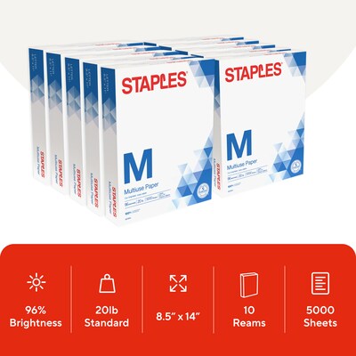 Staples 8.5 x 14 Multipurpose Paper, 20 lbs., 96 Brightness, 500/Ream, 10 Reams/Carton (05028)