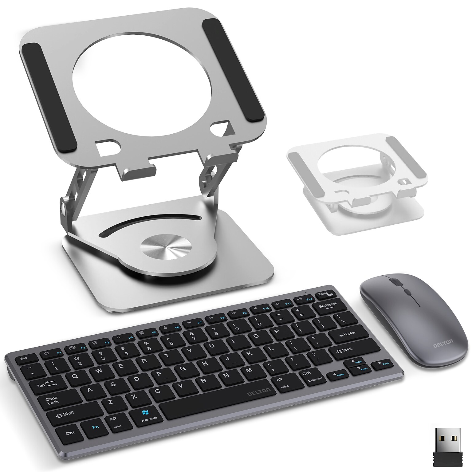 Delton SW60 iPad/Android Stand & N35 Small Wireless Keyboard and Mouse Tablet Accessory Set, Silver (DTTKITMIN35SW60)