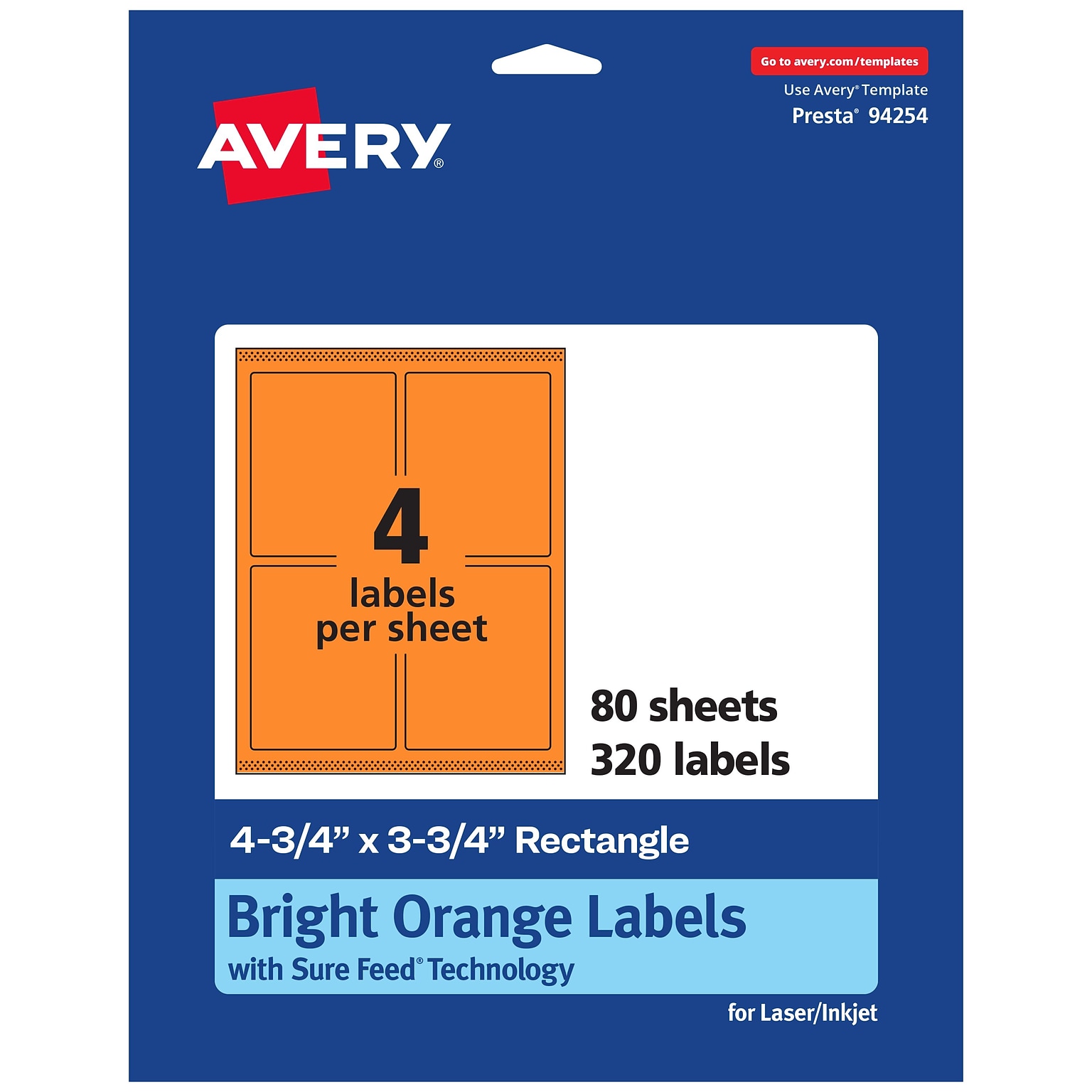 Avery Laser/Inkjet Multipurpose Labels, Bright Orange, 4 Labels/Sheet, 80 Sheets/Pack (94254-BOP80)