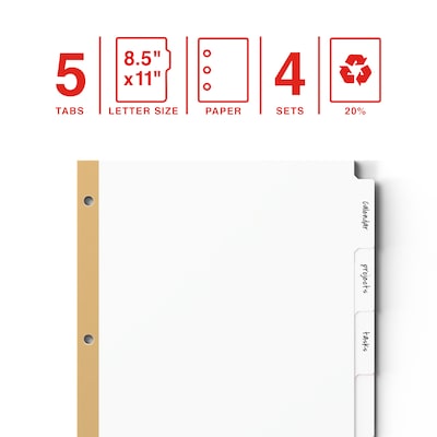 Staples® Write-On™ BIG TAB 5-Tab Set Dividers, White Tabs, 4/Pack (13508)