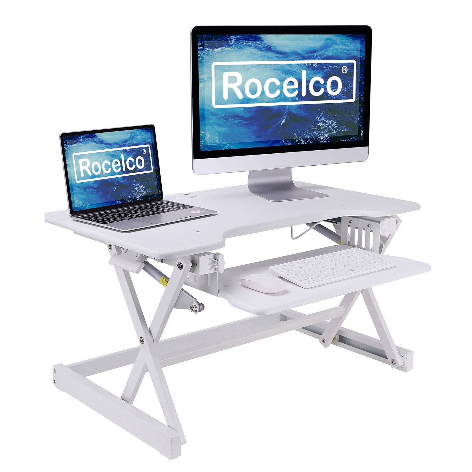 Rocelco 32 Height Adjustable Standing Desk Converter, Tall Sit Stand Up Retractable Keyboard Riser, White (R EADRW)