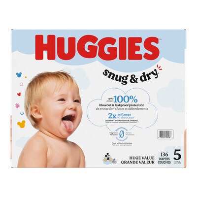 Huggies Snug & Dry Baby Diapers, Size 5, 136/Carton (51517/56458)