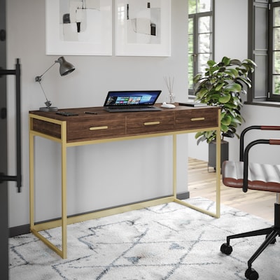 Martha Stewart Ollie 47"W Home Office Desk with 3 Drawers, Walnut/Polished Brass (ZGZP028BRGLD)
