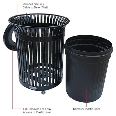 Global Industrial Outdoor Heavy-Duty Slatted Steel Trash Can, 36 Gallon, 34"H, Black (641631BK)