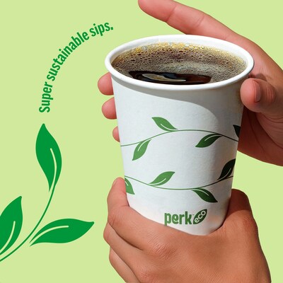 Perk™ Eco Compostable Paper Hot Cup, 12 Oz., White/Green, 50/Pack (PK56222)