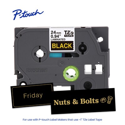 Brother P-touch Laminated Label Tape, ~1" x 26.2', Gold on Black (TZe354)
