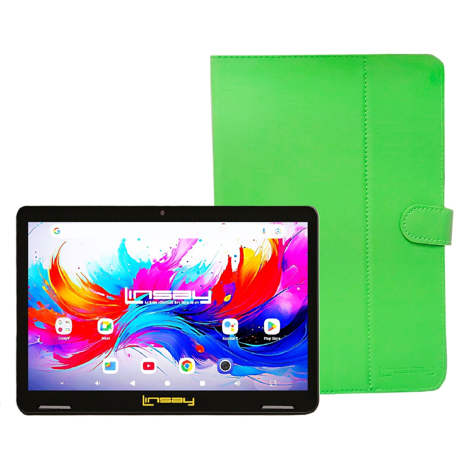 LINSAY F10 Series 10.1 Tablet, Wi-Fi, Octa Core, 256GB eMMC, Android 15, Green Leather Case (F10IPGBCGREPLUS)