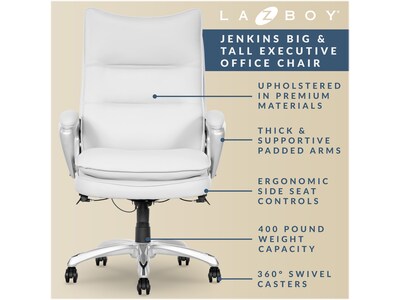 La-Z-Boy Jenkins Ergonomic Bonded Leather Executive Big & Tall Chair, 400 lb. Capacity, White (60075-WHT)