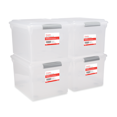 Staples Store & Slide Weather-Resistant File Box, Letter/Legal Size, Clear, 4/Carton (TR57621CT)