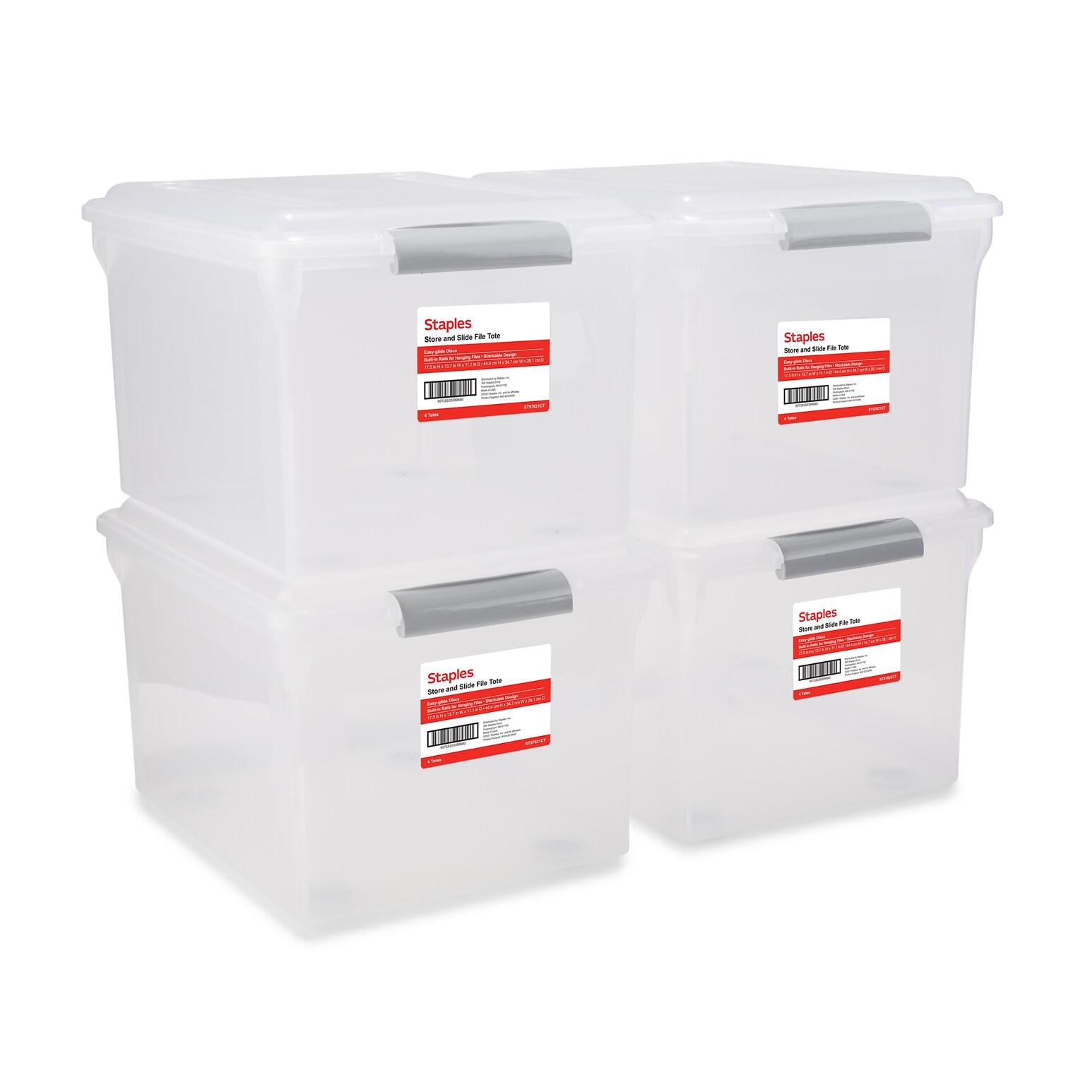 Staples Store & Slide Weather-Resistant File Box, Letter/Legal Size, Clear, 4/Carton (TR57621CT)