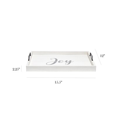 Elegant Designs Joy Decorative Wood Serving Tray w/ Handles, 15.50 x 12, White Wash (HG2000-WJY)