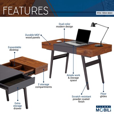 Techni Mobili Expandable 51" MDF Table Desk, Gray/Mahogany (RTA-1854-MAH)