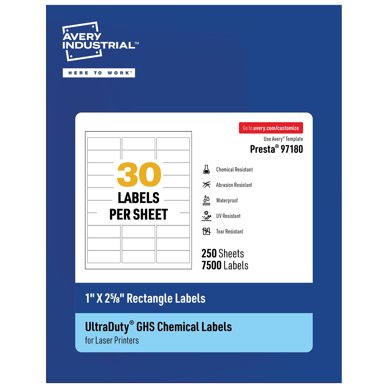 Avery UltraDuty Laser Rectangle Multipurpose Labels, 1 x 2-5/8, White, 7500 Labels/Box ( 97180)