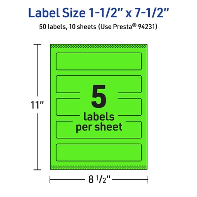 Avery Laser/Inkjet Multipurpose Rectangle Labels, 1.5" x 7.5", Neon Green, 50/Pack (94231)