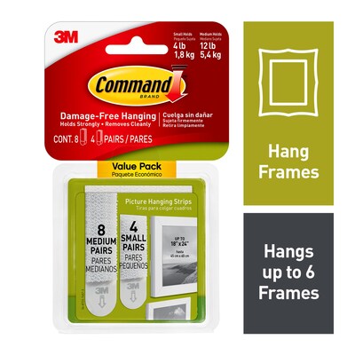 Command™ Small and Medium Picture Hanging Strips, White, 8 Medium and 4 Small Sets/Pack (17203-ES)