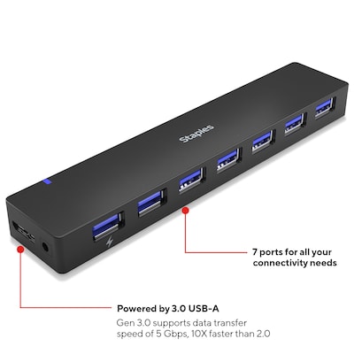 Staples TECH 7-Port USB 3.0 Hub, Black (ST62371)