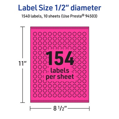 Avery Laser/Inkjet Round Multipurpose Labels, 0.5" Dia., Neon Magenta, 1540/Pack (94503)