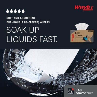 WypAll PowerClean L40 Fabric Cleaning Wipers, 10" x 10.8", White, 90 Wipers/Box, 9/Carton (03046)