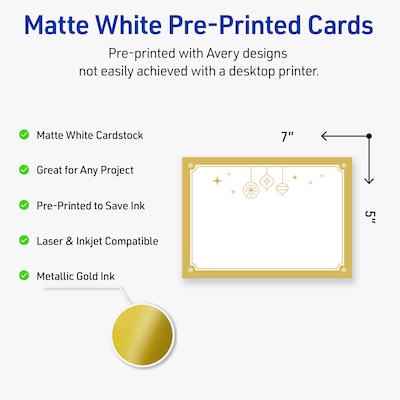 Avery Gold-Metallic Ornaments General Use Blank Cards, White, 20/Pack (S00-FH5)