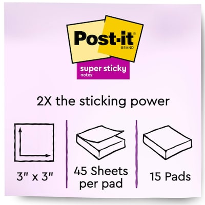 Post-it Super Sticky Notes, 3" x 3", Assorted Colors, 45 Sheets/Pad, 15 Pads/Pack (65415SSPS2)